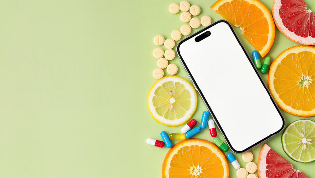 Mockup with Smartphone surrounded by citrus fruits and pills on green background with copy space perfect for health app, advertising pharmacy, marketing and product promotion - Powered by Adobe