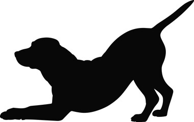 Playful dog silhouette, stretching puppy pose, excited canine vector, tail up illustration, pet behavior clipart, black animal icon, minimal dog design