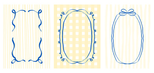 Set for wedding or birthday invitations, greeting cards, party decor, vector designs. Elegant hand-drawn ribbon and bow frames in vintage coquette style on yellow striped and checkered background.