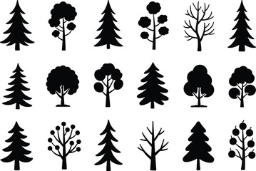 PrintTree silhouette collection, diverse tree shapes, coniferous and deciduous forms, botanical vector set, bare and leafy branches, nature illustration, forest design elements © Bappi Creatives