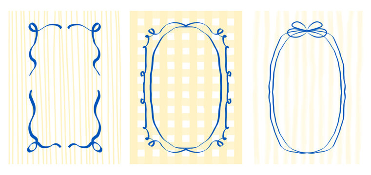 Set for wedding or birthday invitations, greeting cards, party decor, vector designs. Elegant hand-drawn ribbon and bow frames in vintage coquette style on yellow striped and checkered background.