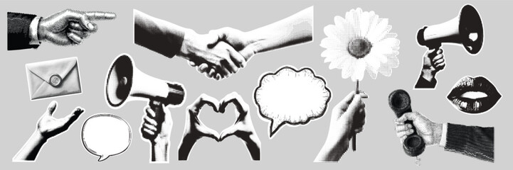 A set of balck and white cut out elements of a halftone collage. Contemporary minimalistic marketing and business style. Ready to use elements for your designs.s