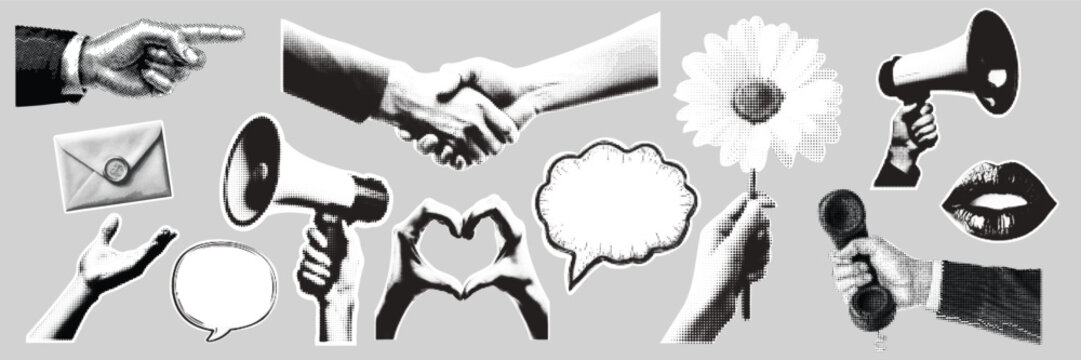 A set of balck and white cut out elements of a halftone collage. Contemporary minimalistic marketing and business style. Ready to use elements for your designs.s