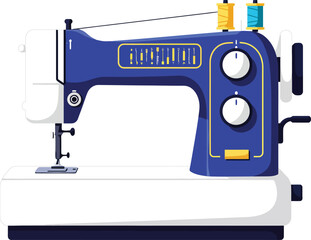 Blue Sewing Machine Vector Illustration for Tailoring and Crafting Projects with Thread Spools and Adjustment Knobs 