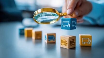 Obraz na płótnie Canvas Logistics and Supply Chain Examination: Hand with Magnifying Glass Inspecting Truck Icon on Wooden Cube