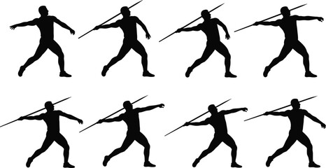 Javelin throw silhouette sequence, athletic motion stages, sports technique illustration, vector artwork, dynamic pose set, track and field training, minimal style design