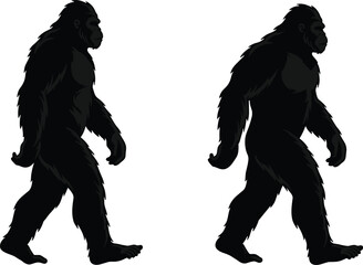 Fototapeta premium Bigfoot silhouette set, mythical creature vector illustration, Sasquatch walking poses, cryptid forest legend, hairy humanoid design, folklore monster concept, wilderness mystery art