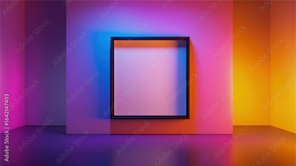 Poster abstract neon room with empty frame: modern interior design with customizable space for art or produ