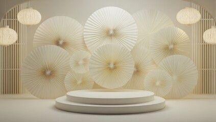 Cream-colored, minimalist display podium with decorative paper fans.