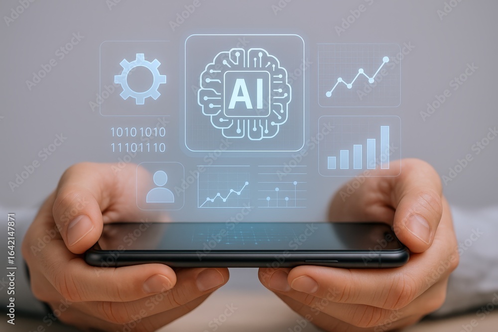 Poster mobile ai technology: a person holding a smartphone displaying artificial intelligence and data visu