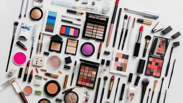 The image showcases a wide assortment of cosmetic products, neatly arranged on a white surface. The selection includes eyeshadow palettes, lipsticks, brushes, and other makeup accessories.