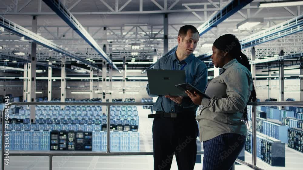 Poster server room coworkers scan infrastructure for security issues using laptop. data center system admin