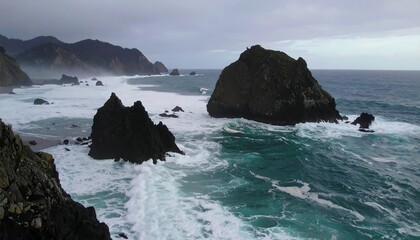 Coastal rocks and waves on a cloudy day