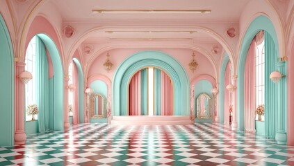 Fototapeta premium Pastel-toned interior design of a grand hall with arched windows and pillars.