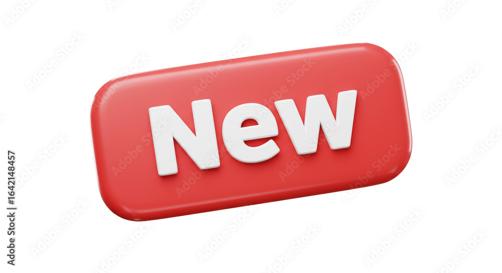 Poster a red rectangular button with rounded corners displaying the word new in white letters in the center