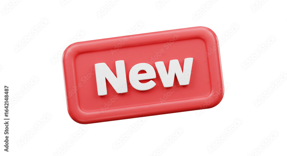 Poster a red rectangular button with rounded edges displaying the word new in bold white letters centered o