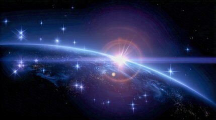 Obraz premium Dramatic Cosmic View: Sunrise Over Planet with Stars and Nebula in Deep Space