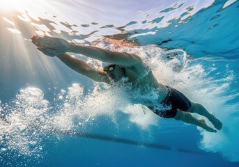 A swimmer in sleek attire dives into a crystalline pool, making a splash while sun rays filter through the water, highlighting their streamlined form and determination
