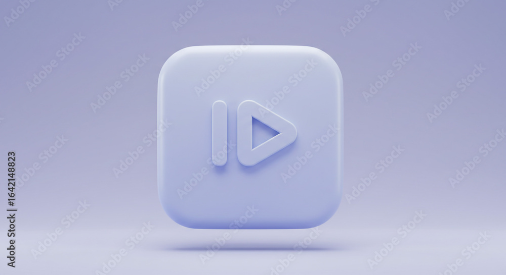 Poster a pastel purple square button with a forward symbol and a line on a solid background studio shot