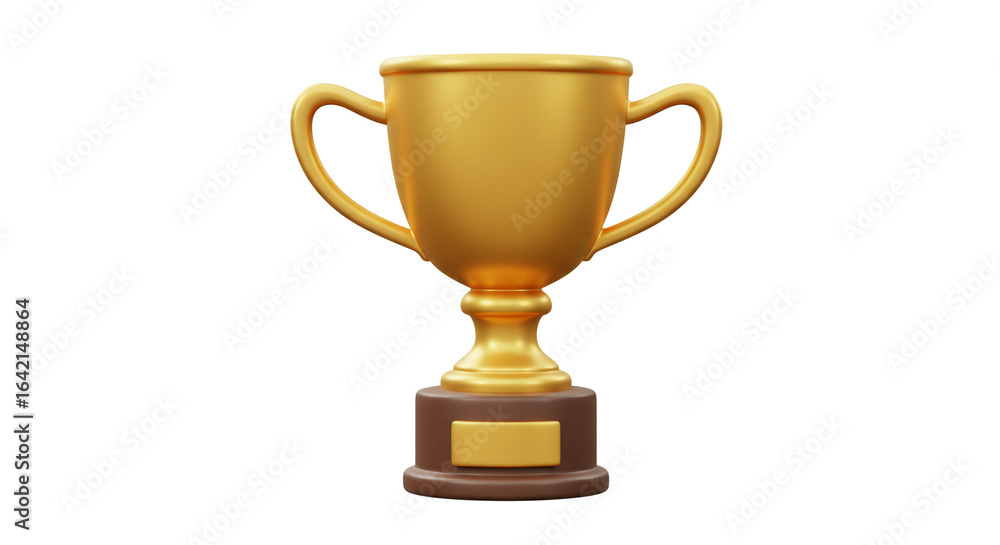 Poster a shiny golden trophy with handles and a brown base isolated on a plain white background scene rende