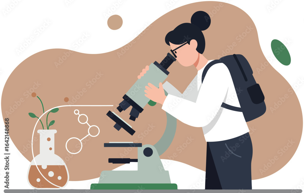 Poster female scientist examining samples through microscope in laboratory setting vector illustration