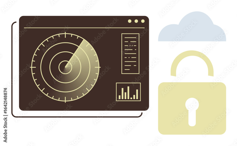 Poster radar screen with scanning lines, cloud, and lock icon highlighting data monitoring, cybersecurity, 