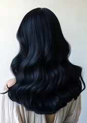 Naklejka premium Glossy Black Waves: Long Hair Styling