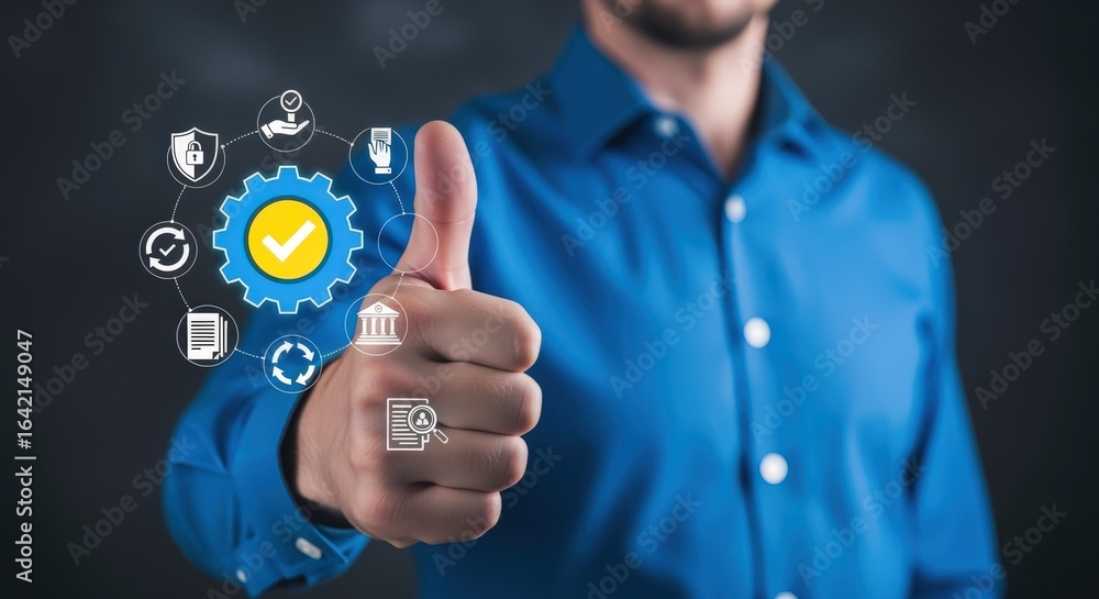 Poster quality assurance concept: man showing thumbs up with digital validation icons for business complian