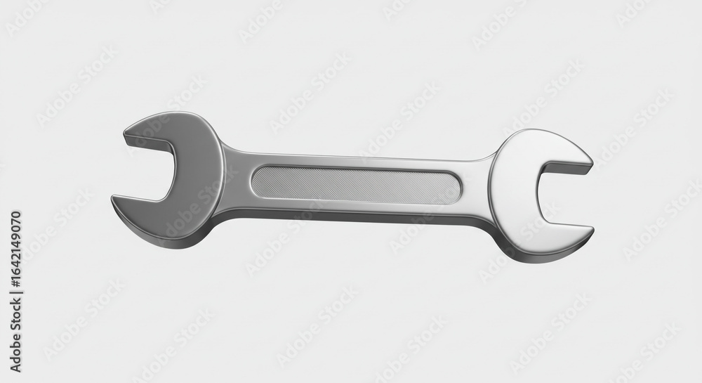 Poster a single silver wrench tool with open ends on a plain white background in a centered horizontal view