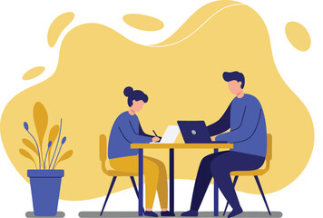 Two people working together on laptops in casual office setting with potted plant vector illustration 