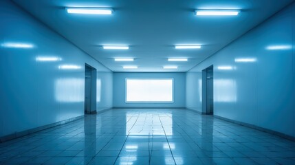 Fototapeta premium Illuminated Empty Blue Hallway with Bright Light Source, Perspective View, Indoor, and Shiny Floor