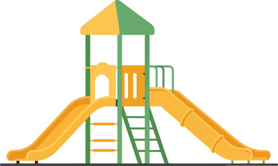Children playground equipment with dual yellow slides and green climbing frame vector illustration 