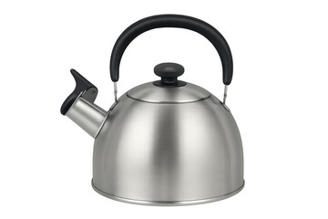 Modern stainless steel kettle with black handle on transparent background