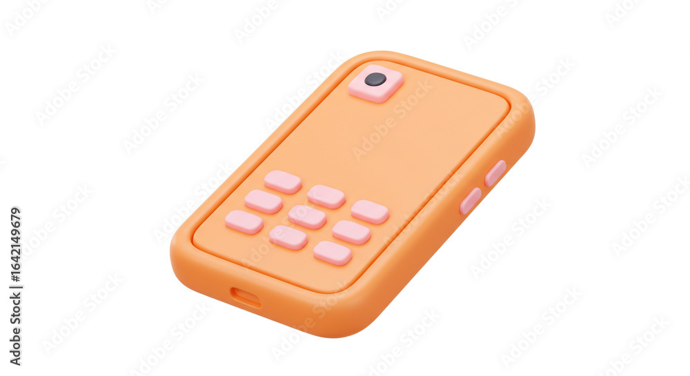 Poster a stylized orange phone case with pink buttons and a camera bump on a white background isolated view