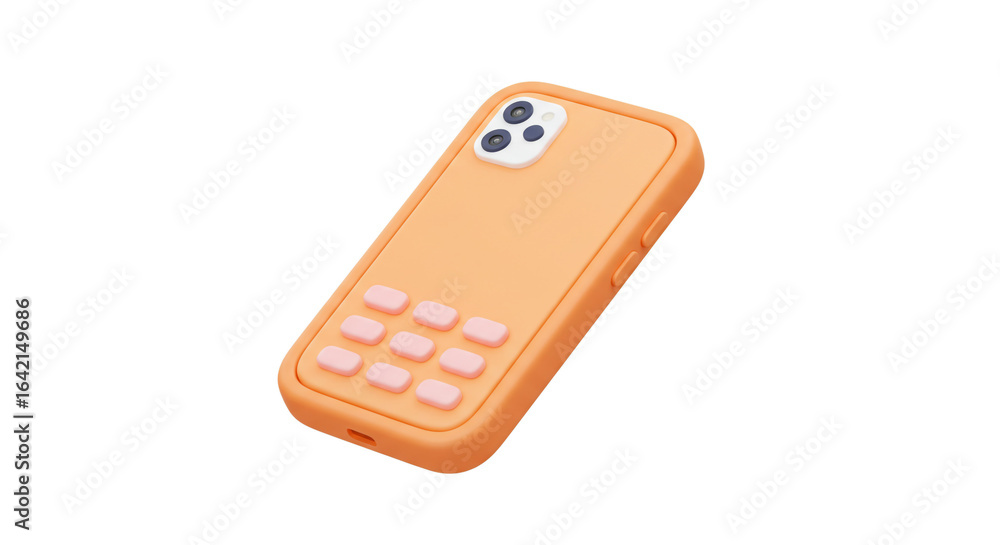 Poster a close up of an orange phone case with pink buttons on a white background in a studio shot