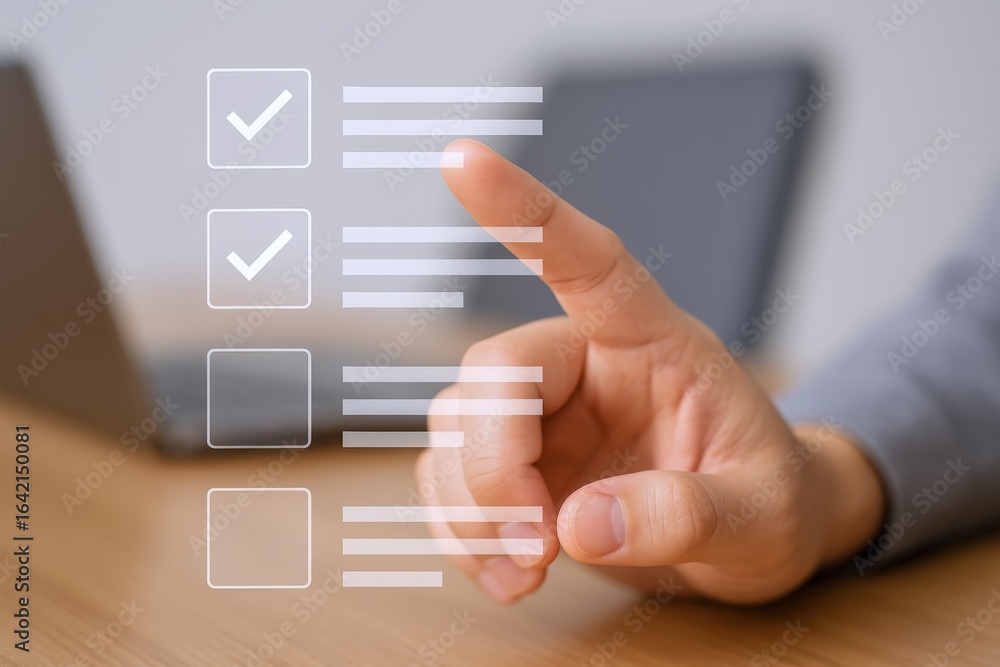 Poster completing digital checklist: finger tapping virtual checkbox on transparent interface for online su