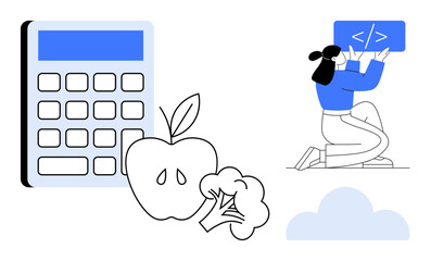 Woman kneeling while coding, large calculator, apple, broccoli, and a cloud. Ideal for education, programming, healthy living, finance productivity minimalism simple landing page