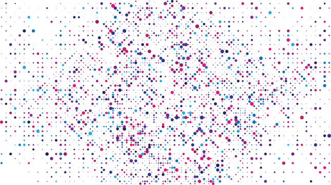 Abstract colorful background with a vortex of modern halftone dots. Dynamic vector illustration of digital particles and pixels for technology concepts