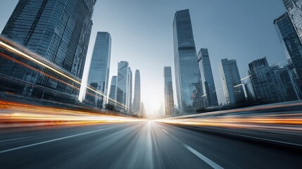 Fototapeta premium Dynamic Urban Landscape with Motion Blur: Modern Cityscape with High-Rise Buildings and Streaking Lights