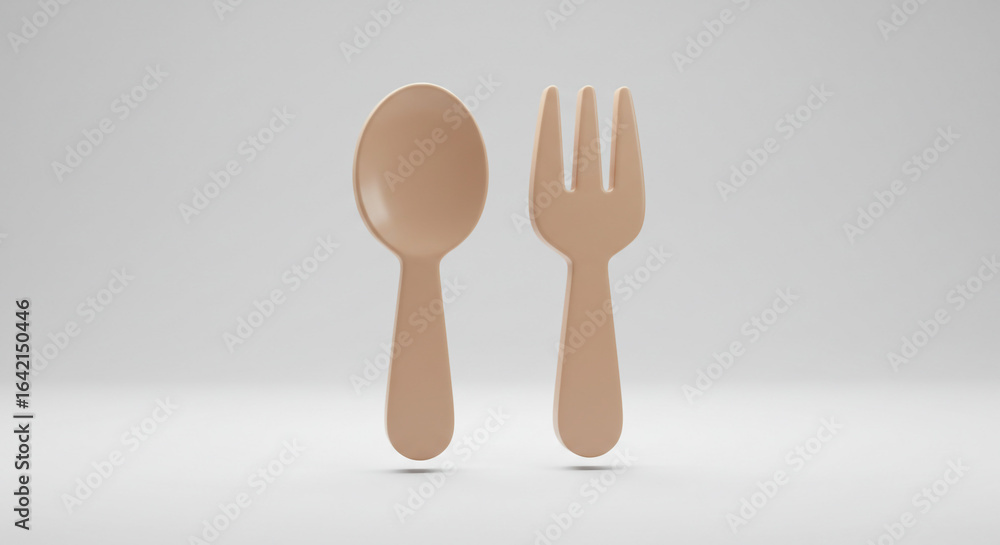 Poster A simple image of a light brown spoon and fork standing side by side against a plain white background