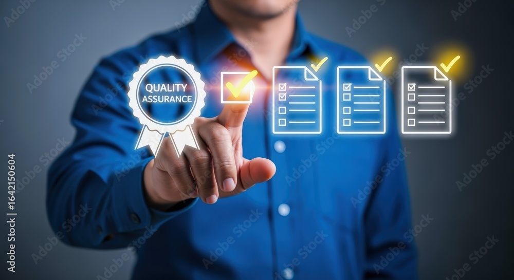 Poster quality assurance process: man interacting with virtual checklist interface for compliance and stand