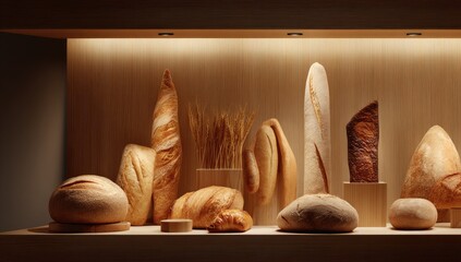 Variety of artisanal breads displayed in a wooden display case.