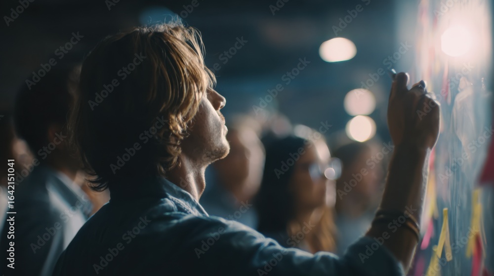 Poster medium shot capturing a person interacting with a touchsensitive projection wall highlighting dynami