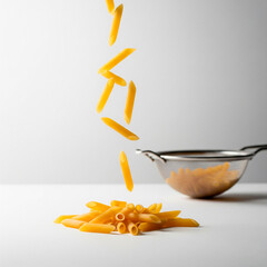 Penne pasta mid-air, emphasizing a sense of motion and the food's texture against a minimalist backdrop