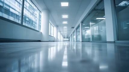 Fototapeta premium Modern Hospital Interior Corridor with Reflective Floor and Natural Light in a Clinic Environment