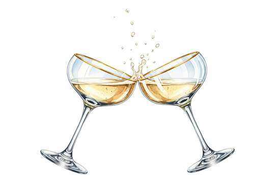 illustration of two champagne coupe glasses clinking in a vintage toast