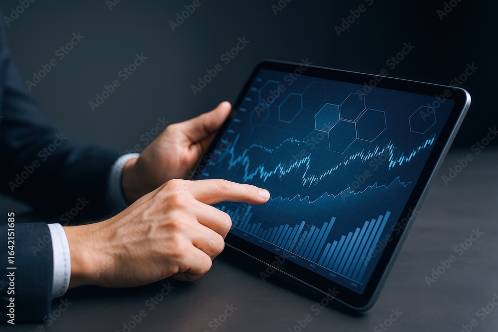 Poster analyzing stock market data: businessman using a tablet to review financial charts and graphs
