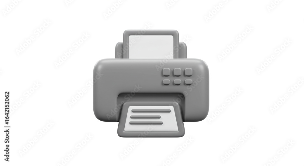 Poster a grey printer with paper in the output tray on a white background in a cartoonish style render