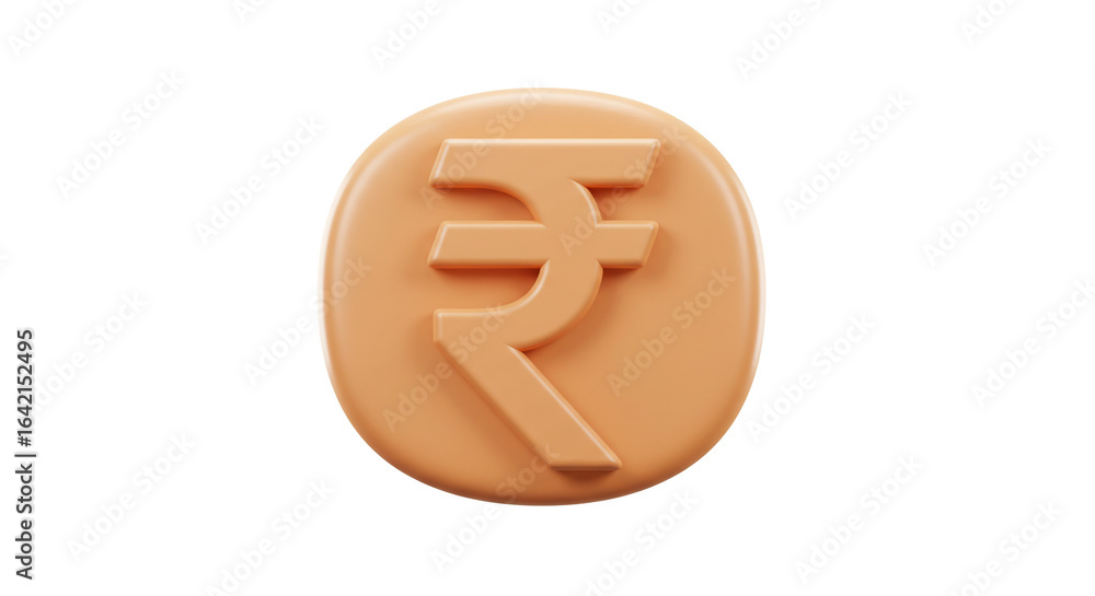 Poster a single light orange rupee coin with a raised symbol on a white background in a studio setting