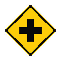 Fototapeta premium Crossroads traffic warning sign, vector illustration of a yellow diamond-shaped sign with a black cross, intersection ahead